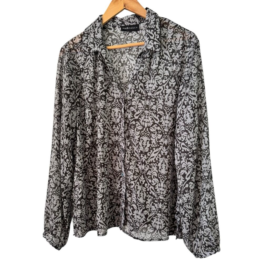 Prophecy Sparkley Dark Paisley Sheer Button Front Blouse Large Whimsygoth Witchy